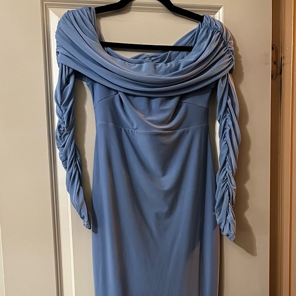 CLUB LONDON PRETTY PERFECT POWDER BLUE MATERNITY RUCHED MESH BARDOT MAXI DRESS - Picture 9 of 16